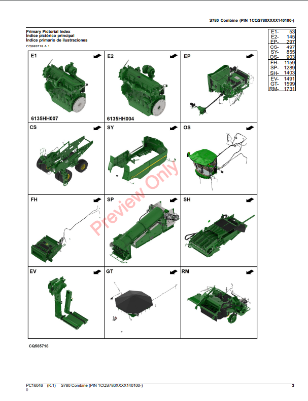 JOHN DEERE S780 COMBINE PC16064 - PARTS CATALOG MANUAL