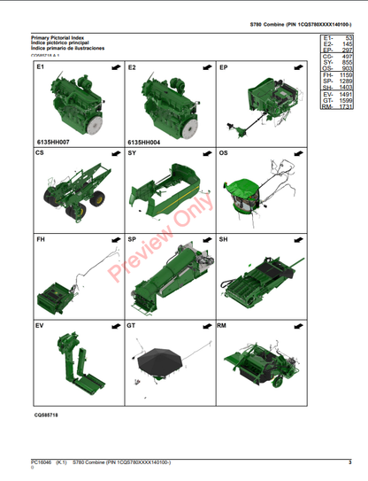 JOHN DEERE S780 COMBINE PC16064 - PARTS CATALOG MANUAL