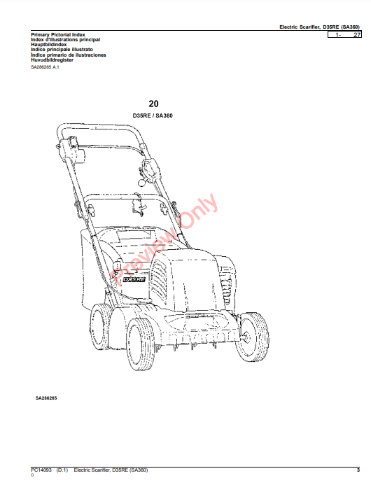 JOHN DEERE ELECTRIC SCARIFIER, D35RE (SA360) PC14093 - PARTS CATALOG MANUAL