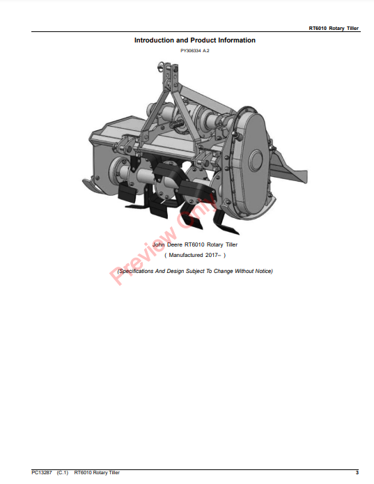 JOHN DEERE RT6010 ROTARY TILLER PC13287 - PARTS CATALOG MANUAL