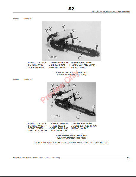 JOHN DEERE 46EV,51SV,55SV,65SV CHAIN SAWS PC2071 - PARTS CATALOG MANUAL