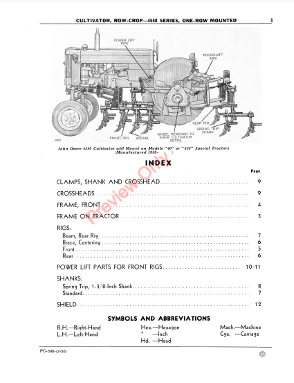 JOHN DEERE 4550 SERIES ROW-CROP CULTIVATOR PC508 - PARTS CATALOG MANUAL