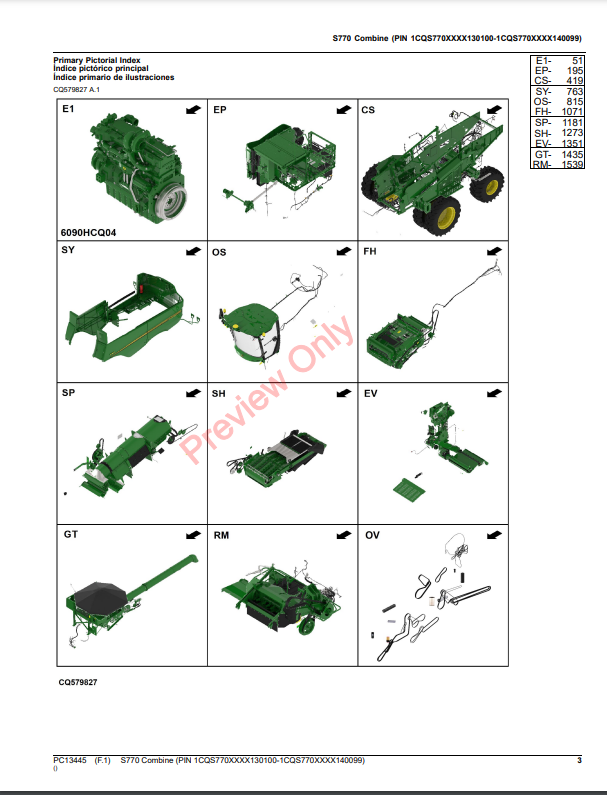 JOHN DEERE S770 COMBINE PC13445 - PARTS CATALOG MANUAL