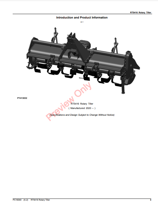 JOHN DEERE RT5416 ROTARY TILLER PC16040 - PARTS CATALOG MANUAL