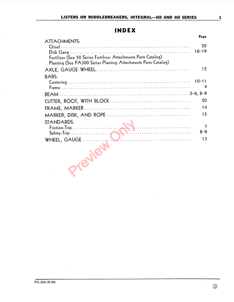 JOHN DEERE 450, 460 SERIES LISTERS OR MIDDLEBREAKERS-INTEGRAL PC354 - PARTS CATALOG MANUAL