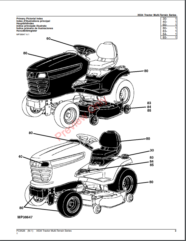 JOHN DEERE X534 TRACTOR MULTI-TERRAIN SERIES PC9526 - PARTS CATALOG MANUAL