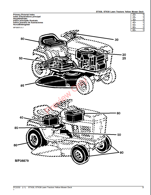 JOHN DEERE STX30, STX38 LAWN TRACTORS, YELLOW MOWER DECK PC2232 - PARTS CATALOG MANUAL