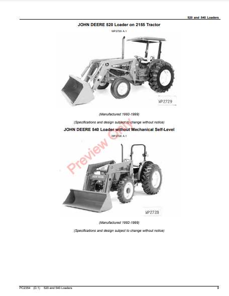 JOHN DEERE 520 AND 540 LOADERS PC2354 - PARTS CATALOG MANUAL