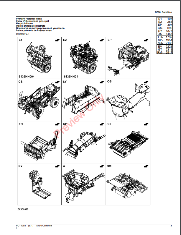 JOHN DEERE S790 COMBINE PC14258 - PARTS CATALOG MANUAL