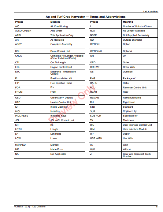 JOHN DEERE L50 COMBINE (CHINESE EDITION) PC11652 - PARTS CATALOG MANUAL