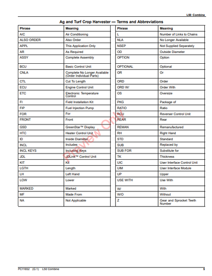 JOHN DEERE L50 COMBINE (CHINESE EDITION) PC11652 - PARTS CATALOG MANUAL