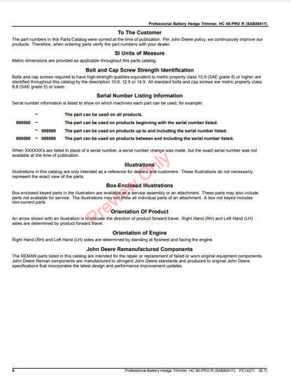 JOHN DEERE PROFESSIONAL BATTERY HEDGE TRIMMER, HC 60-PRO R (SAB80417) PC14211 - PARTS CATALOG MANUAL