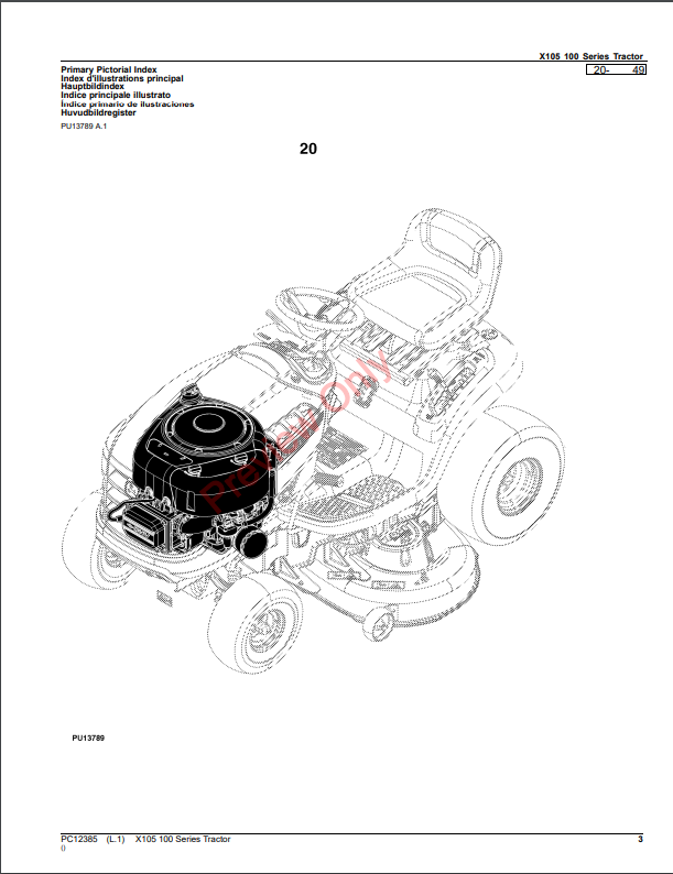 JOHN DEERE X105 100 SERIES TRACTOR PC12385 - PARTS CATALOG MANUAL