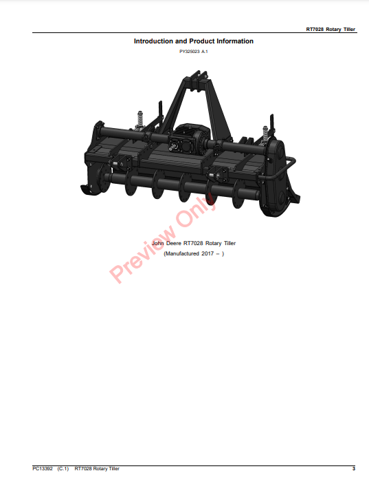 JOHN DEERE RT7028 ROTARY TILLER PC13392 - PARTS CATALOG MANUAL