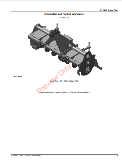 JOHN DEERE RT1025A ROTARY TILLER PC16386 - PARTS CATALOG MANUAL