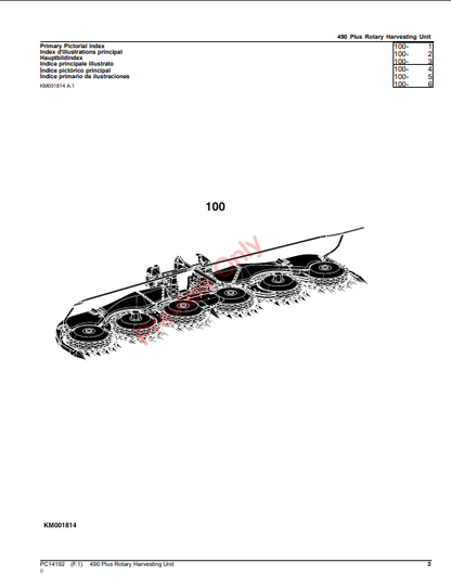 JOHN DEERE 490 PLUS ROTARY HARVESTING UNIT PC14192 - PARTS CATALOG MANUAL