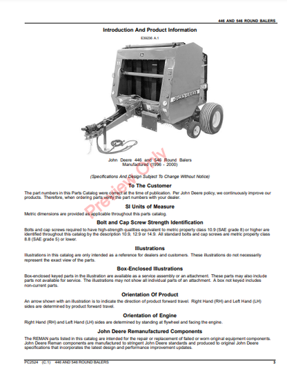 JOHN DEERE 446 AND 546 ROUND BALERS PC2524 - PARTS CATALOG MANUAL