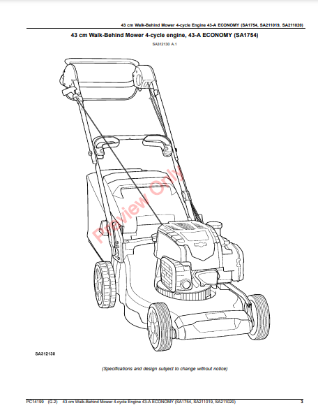 JOHN DEERE 43CM WALK-BEHIND MOWER 4-CYCLE ENGINE,43-A ECONOMY (SA1754, SA211019) PC14199 - PARTS CATALOG MANUAL