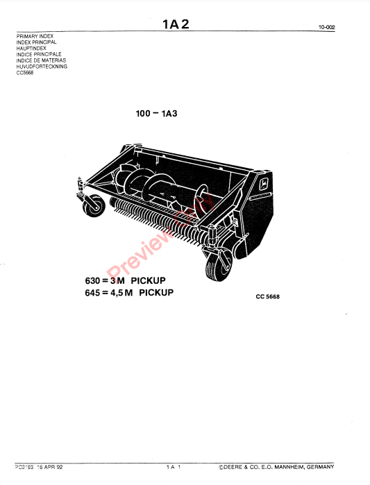 JOHN DEERE 630 3M, 645 4, 5M PICKUP FOR SELF-PROPELLED FORAGE HARVESTER PC3193 - PARTS CATALOG MANUAL