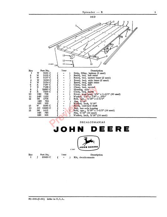 JOHN DEERE R MANURE SPREADER PC500 - PARTS CATALOG MANUAL