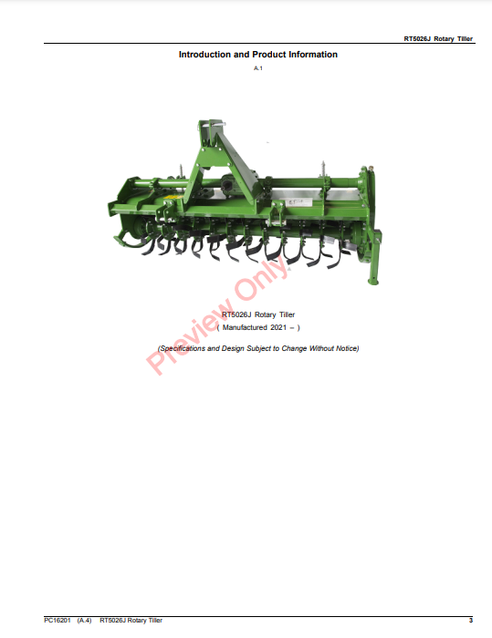 JOHN DEERE RT5026J ROTARY TILLER PC16201 - PARTS CATALOG MANUAL