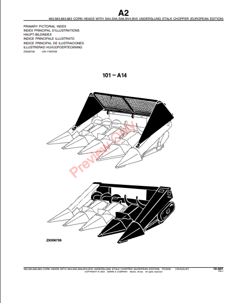 JOHN DEERE 483-883 CORN HEADS W/UNDERSLUNG STALK CHOPPER PC4230 - PARTS CATALOG MANUAL