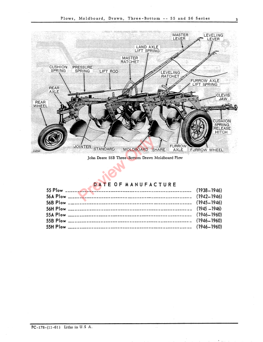 JOHN DEERE 55, 56 SERIES DRAWN MOLDBOARD PLOW-3 BOTTOM PC178 - PARTS CATALOG MANUAL