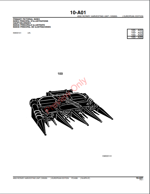 JOHN DEERE 4500 ROTARY HARVESTING UNIT PC4369 - PARTS CATALOG MANUAL