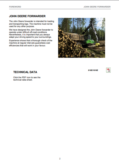 F074988 - JOHN DEERE 1010E T3 (E SERIES) Forestry Forwarders  OPERATOR MANUAL