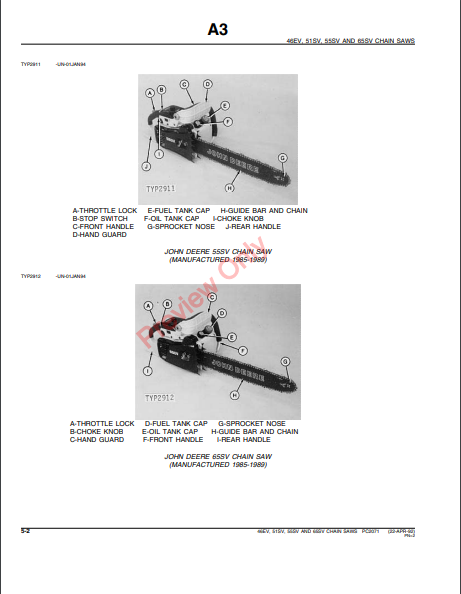 JOHN DEERE 46EV,51SV,55SV,65SV CHAIN SAWS PC2071 - PARTS CATALOG MANUAL