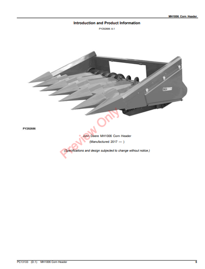 JOHN DEERE MH1006 CORN HEADER PC13133 - PARTS CATALOG MANUAL