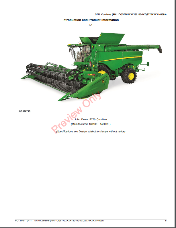 JOHN DEERE S770 COMBINE PC13445 - PARTS CATALOG MANUAL