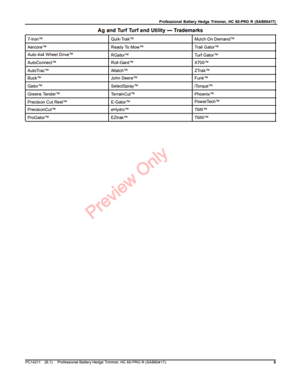 JOHN DEERE PROFESSIONAL BATTERY HEDGE TRIMMER, HC 60-PRO R (SAB80417) PC14211 - PARTS CATALOG MANUAL