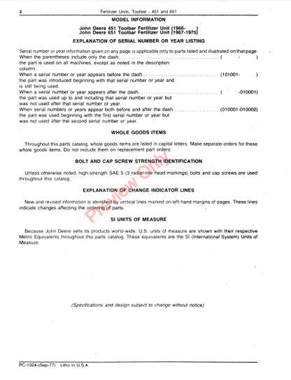 JOHN DEERE 451, 651 TOOLBAR FERTILIZER UNITS PC1024 - PARTS CATALOG MANUAL