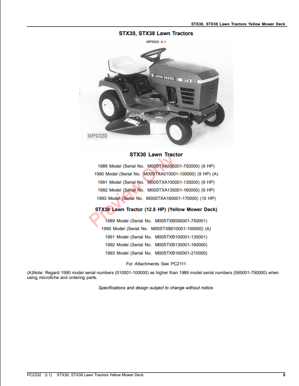 JOHN DEERE STX30, STX38 LAWN TRACTORS, YELLOW MOWER DECK PC2232 - PARTS CATALOG MANUAL