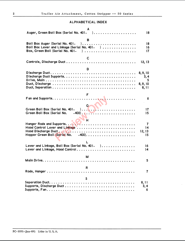 JOHN DEERE 50 SERIES COTTON STRIPPER TRAILER AIR ATTACHMENT PC1031 - PARTS CATALOG MANUAL