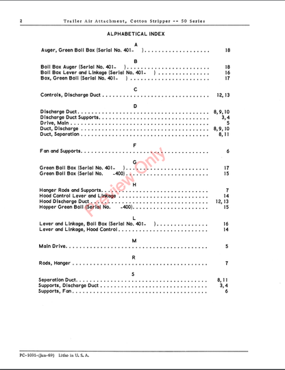 JOHN DEERE 50 SERIES COTTON STRIPPER TRAILER AIR ATTACHMENT PC1031 - PARTS CATALOG MANUAL