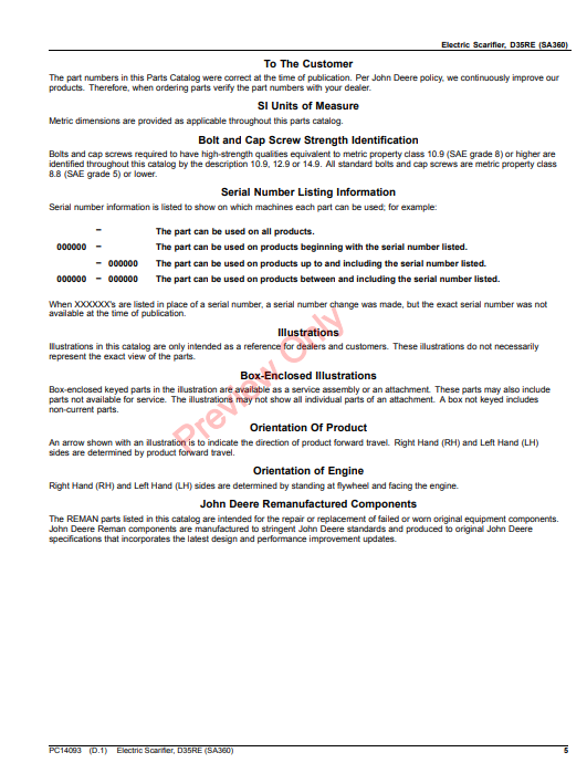 JOHN DEERE ELECTRIC SCARIFIER, D35RE (SA360) PC14093 - PARTS CATALOG MANUAL