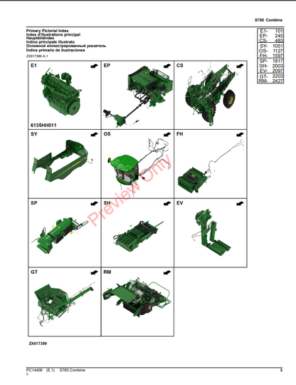 JOHN DEERE S785 COMBINE PC14406 - PARTS CATALOG MANUAL