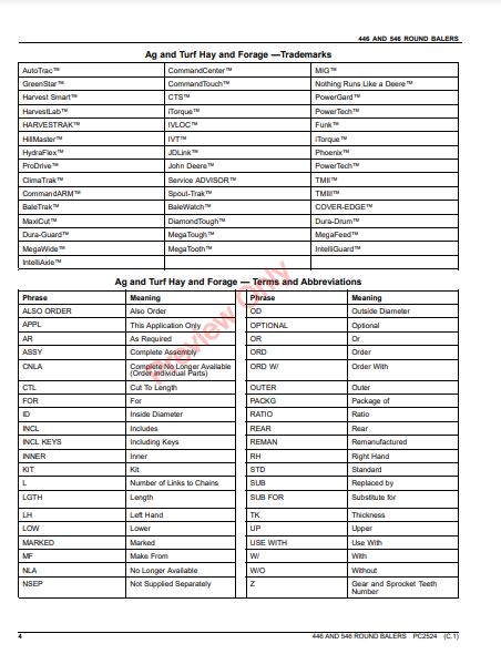 JOHN DEERE 446 AND 546 ROUND BALERS PC2524 - PARTS CATALOG MANUAL