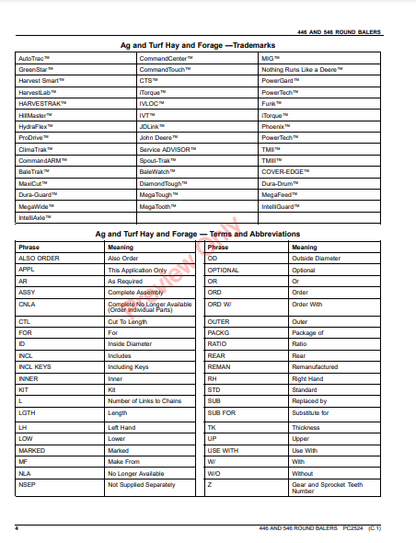 JOHN DEERE 446 AND 546 ROUND BALERS PC2524 - PARTS CATALOG MANUAL