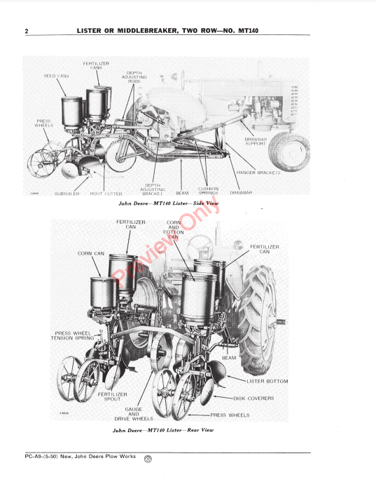 JOHN DEERE MT140 TWO-ROW LISTER OR MIDDLEBREAKER PCA9 - PARTS CATALOG MANUAL