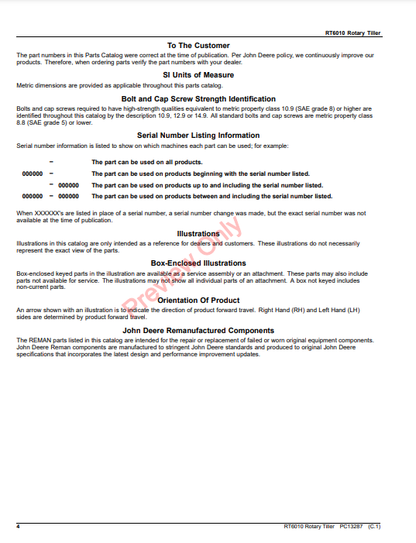 JOHN DEERE RT6010 ROTARY TILLER PC13287 - PARTS CATALOG MANUAL