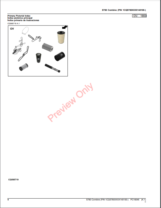 JOHN DEERE S780 COMBINE PC16064 - PARTS CATALOG MANUAL