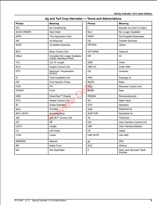 JOHN DEERE SPRING CULTIVATOR 1213 (INDIA EDITION) PC11439 - PARTS CATALOG MANUAL