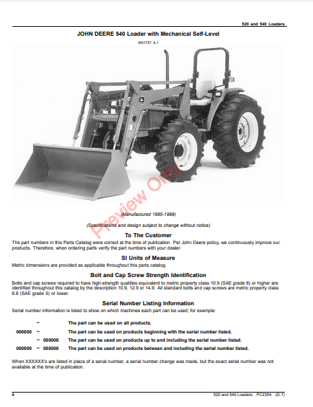 JOHN DEERE 520 AND 540 LOADERS PC2354 - PARTS CATALOG MANUAL