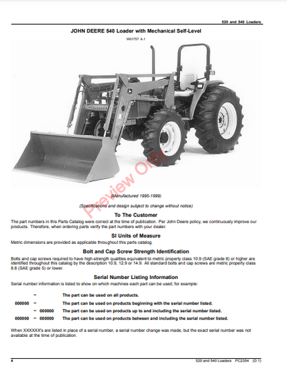 JOHN DEERE 520 AND 540 LOADERS PC2354 - PARTS CATALOG MANUAL