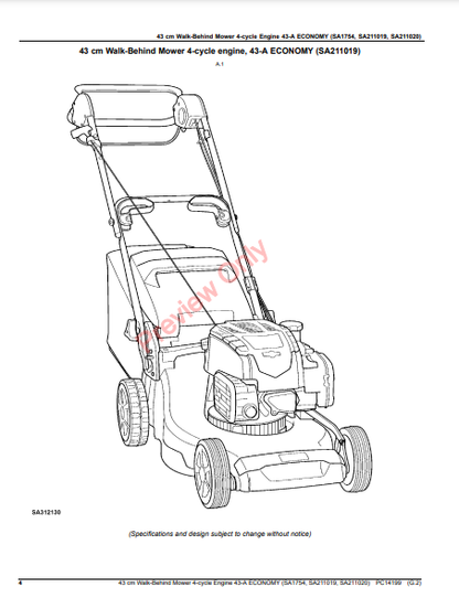 JOHN DEERE 43CM WALK-BEHIND MOWER 4-CYCLE ENGINE,43-A ECONOMY (SA1754, SA211019) PC14199 - PARTS CATALOG MANUAL