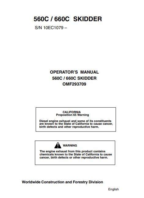 JOHN DEERE 660C, 560C (60 SERIES) FORESTRY Skidders OPERATOR MANUAL - OMF293709