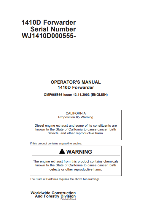 JOHN DEERE 1410D (D SERIES) FORESTRY Forwarders OPERATOR MANUAL - OMF065866